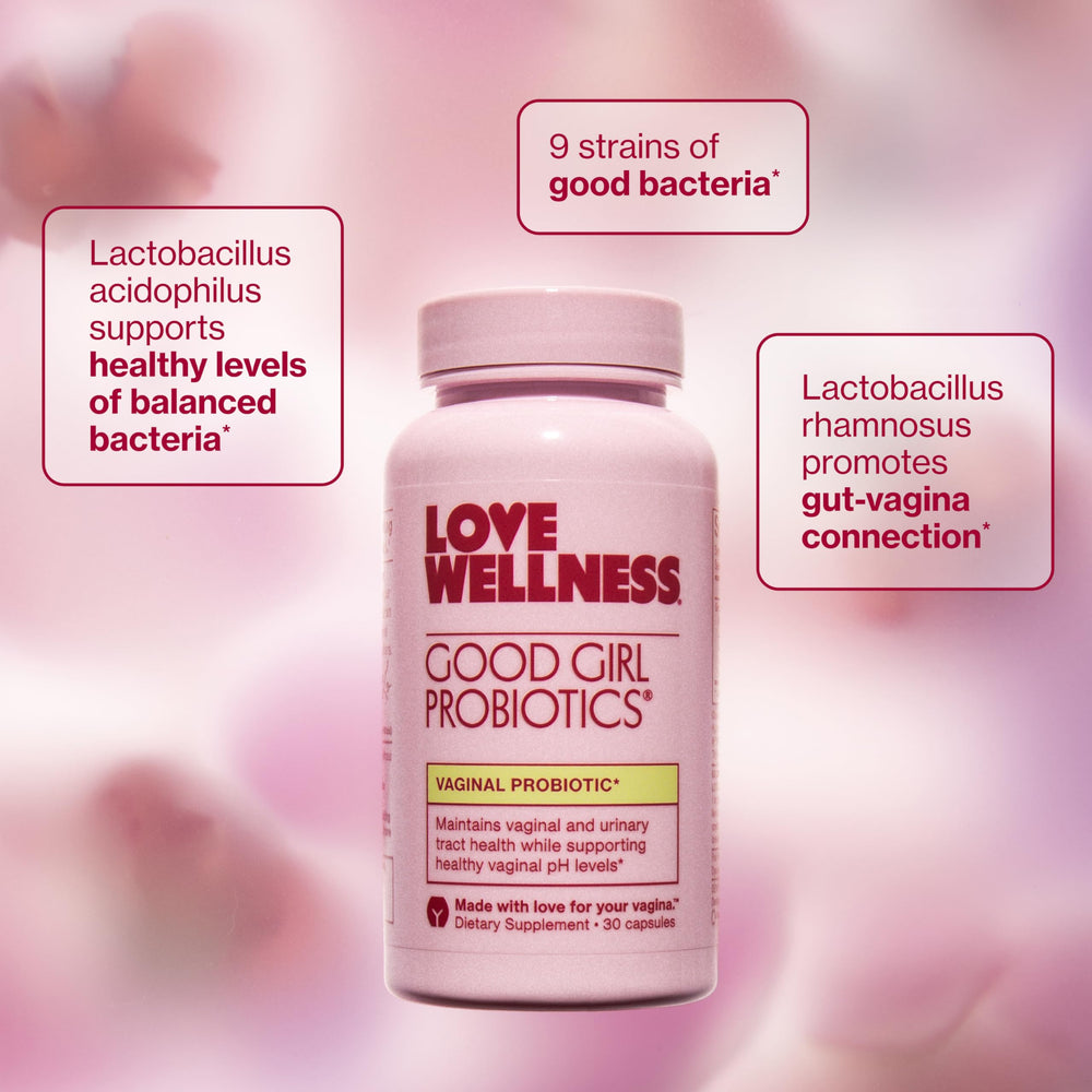 Love Wellness Good Girl Probiotics 9-strain formula promotes microbiome balance.
