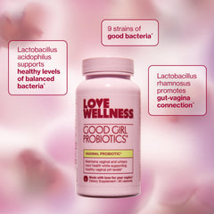 Love Wellness Good Girl Probiotics 9-strain formula promotes microbiome balance.