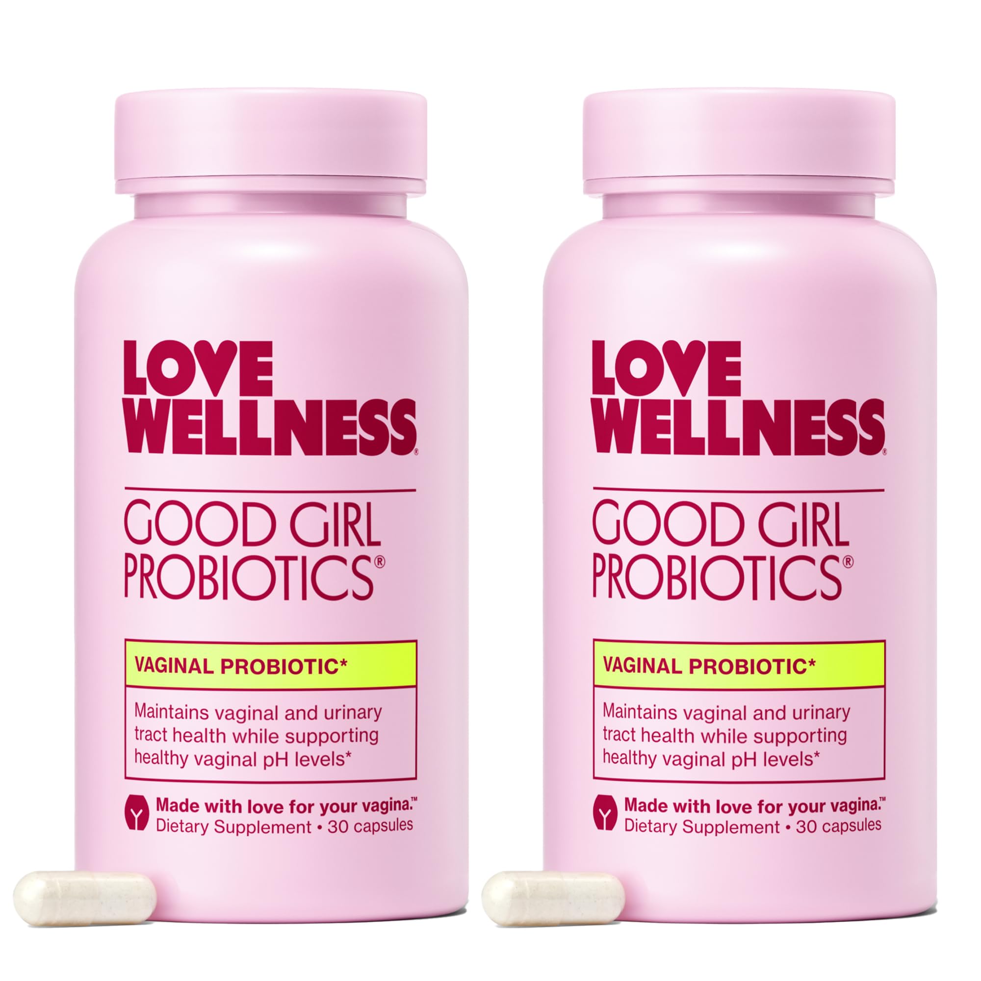 Love Wellness Good Girl Probiotics bottle front supports vaginal health and balance.