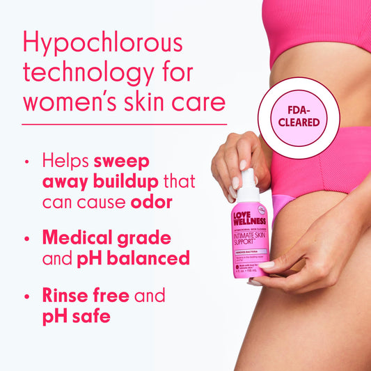 Love Wellness Intimate Skin Support spray nozzle closeup highlights no-rinse convenience and cooling refresh.