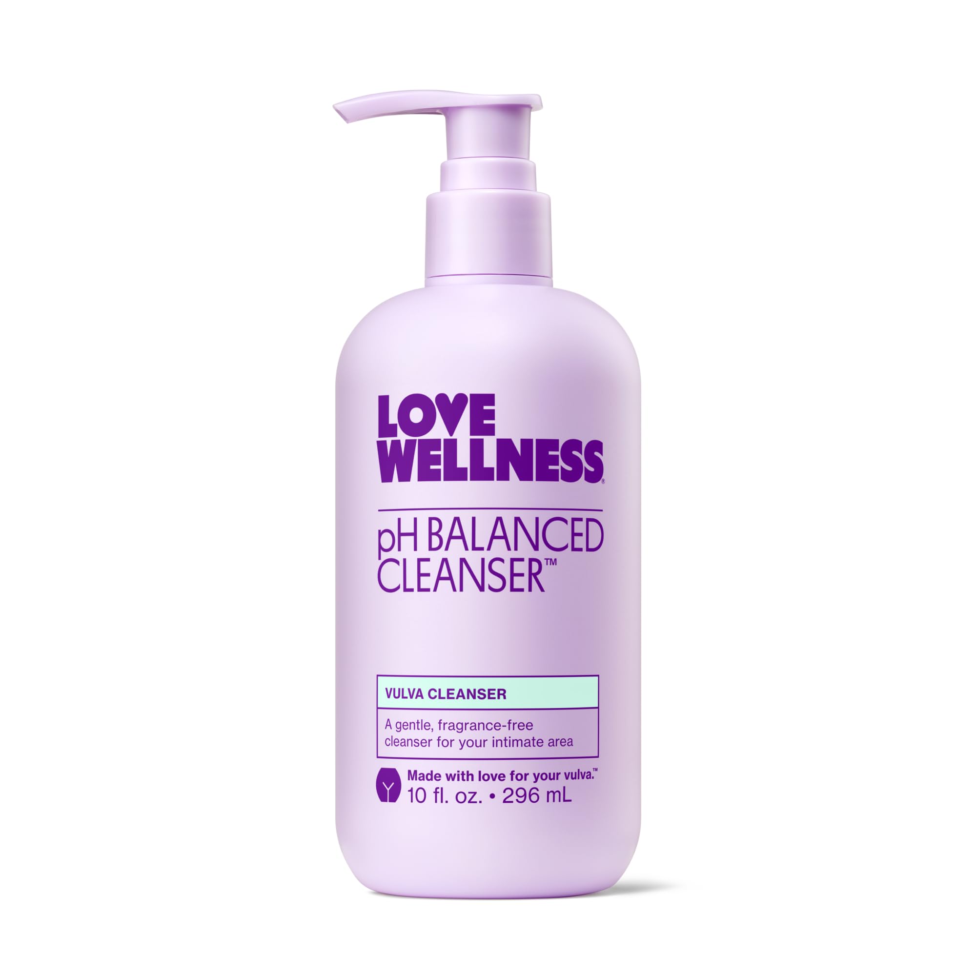 Love Wellness pH Balancing Cleanser bottle close-up shows gentle cleansing for sensitive skin
