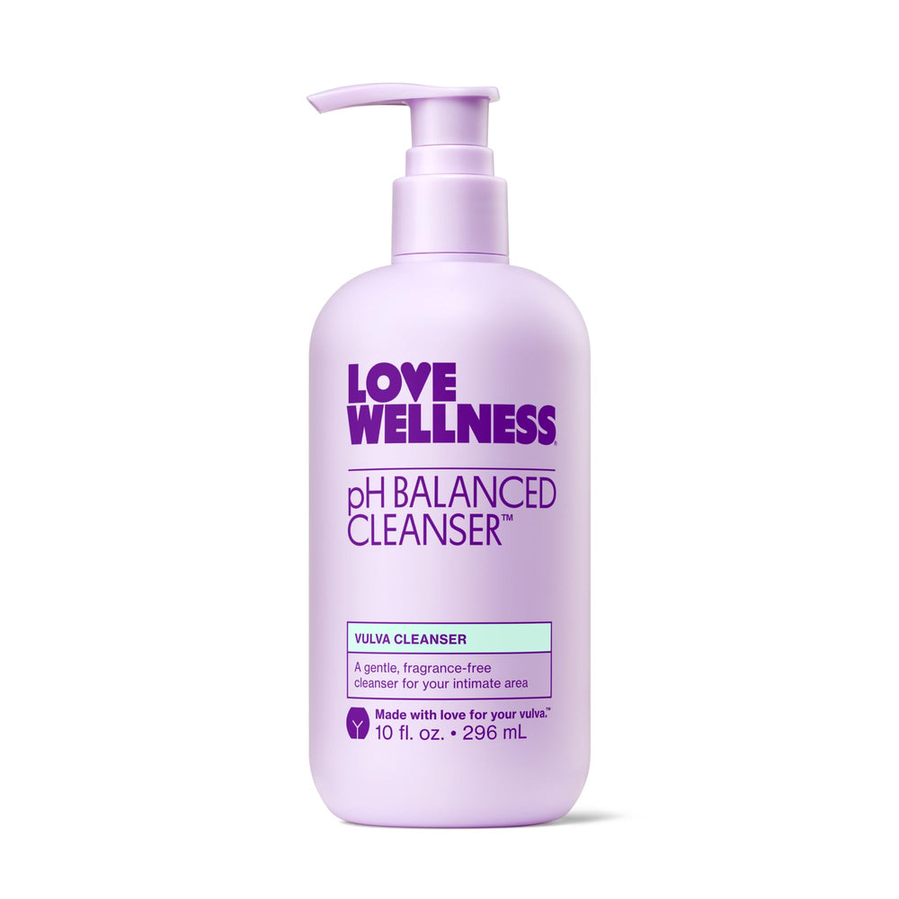 Love Wellness pH Balancing Cleanser bottle close-up shows gentle cleansing for sensitive skin