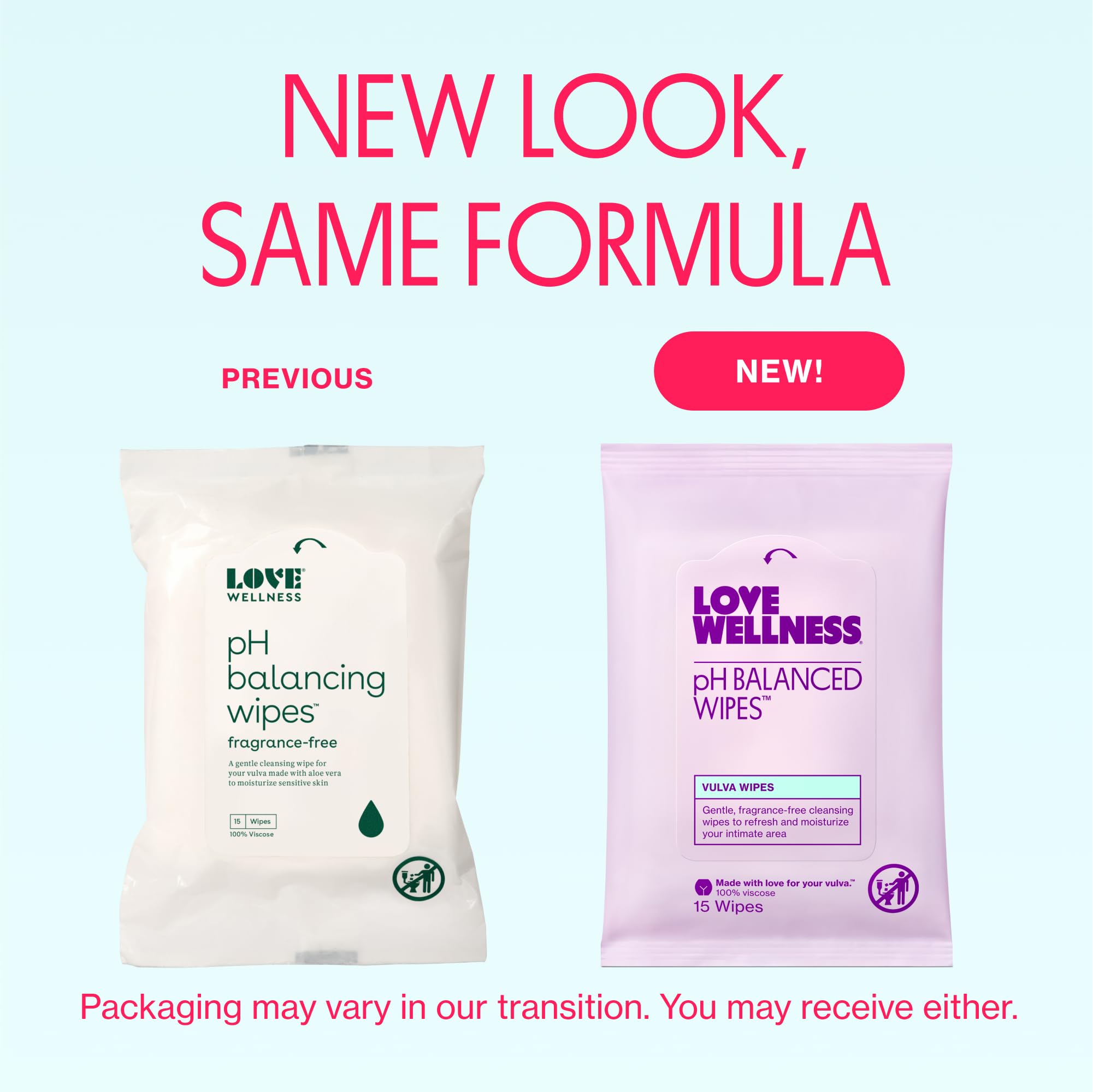 Love Wellness pH Balancing Wipes with Aloe and Chamomile for redness relief and calm skin.