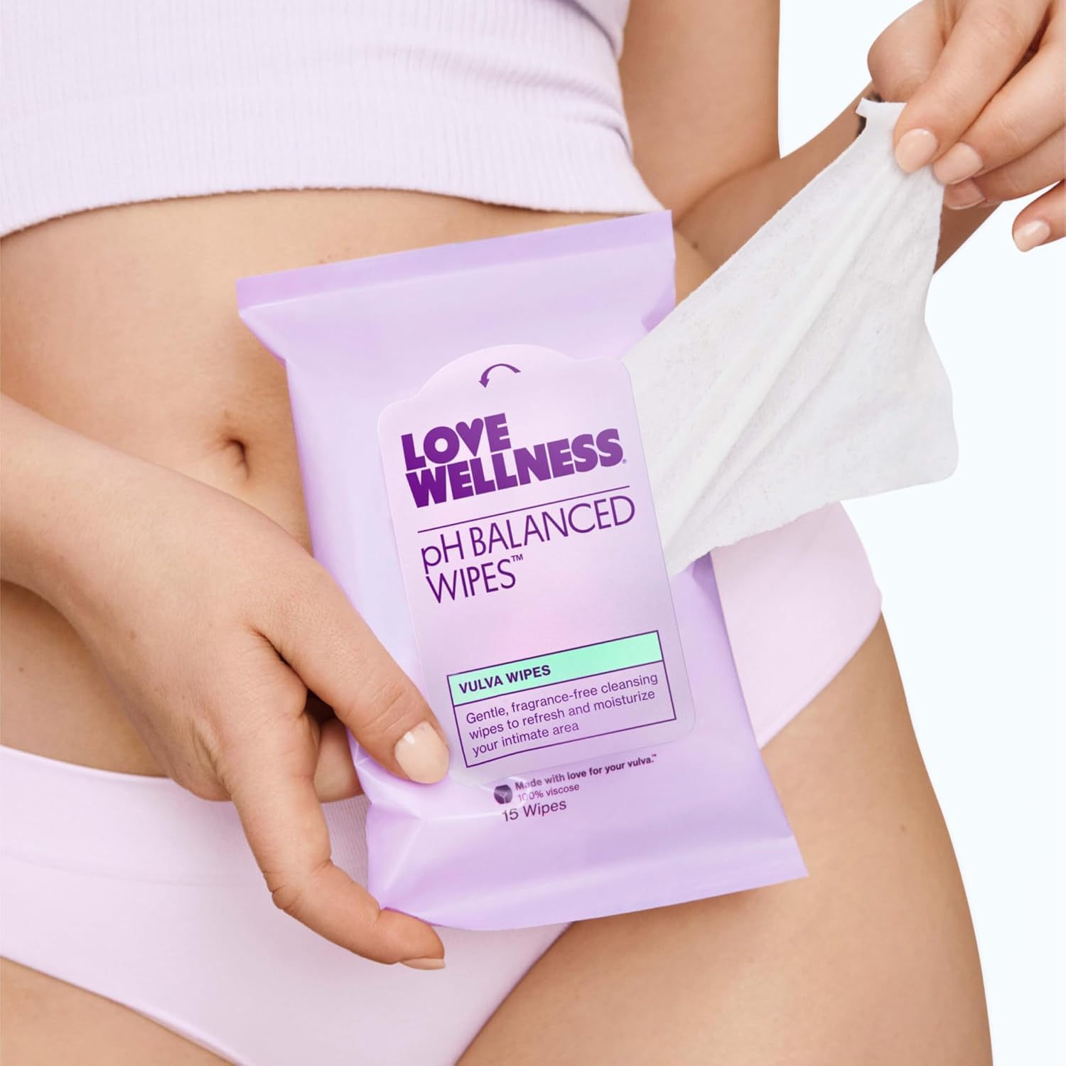 Love Wellness pH Balancing Wipes ingredients highlight aloe and chamomile for soothing care.