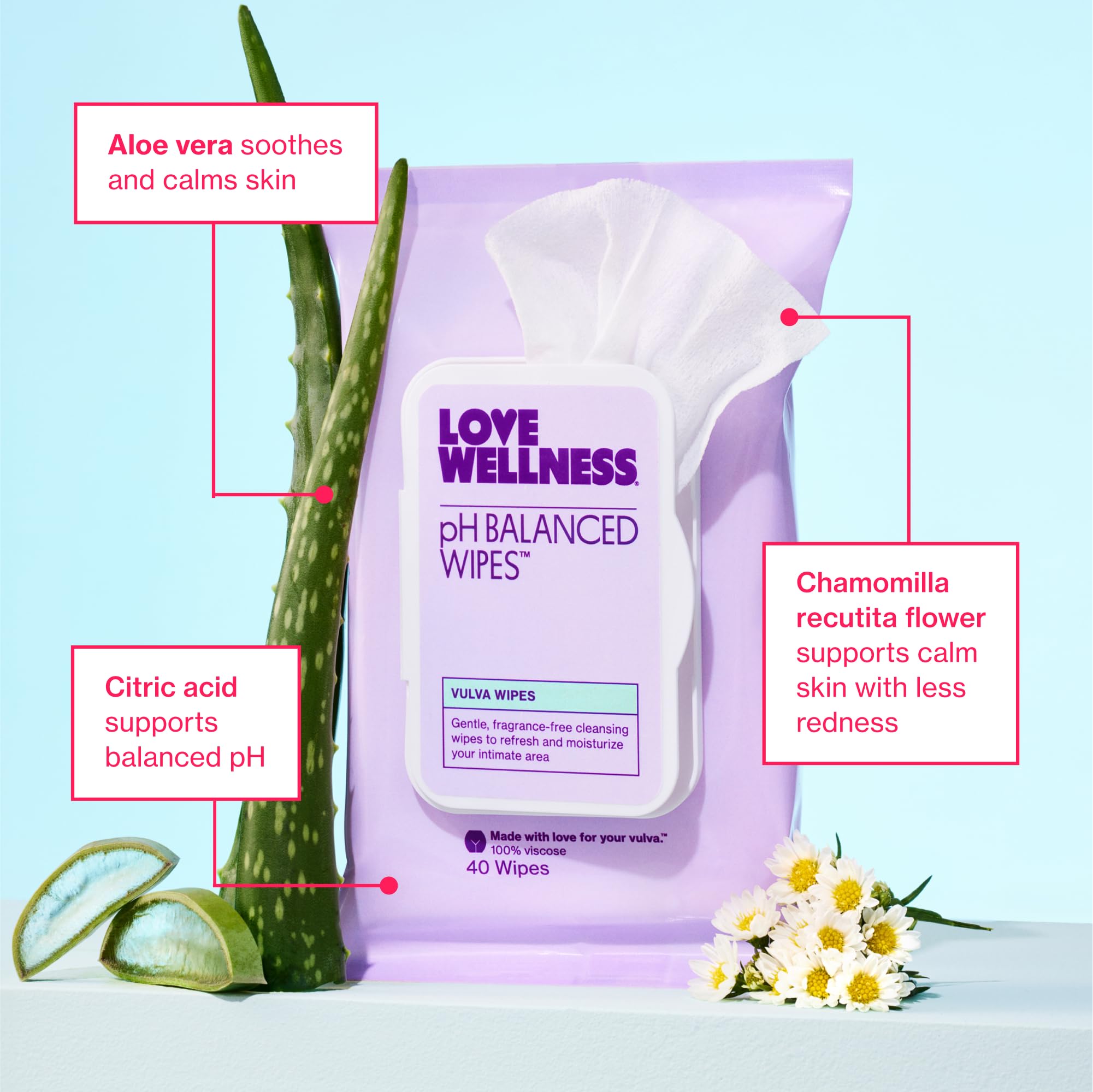 Love Wellness pH Balancing Wipes show non-GMO formula with fragrance-free design for sensitive skin.