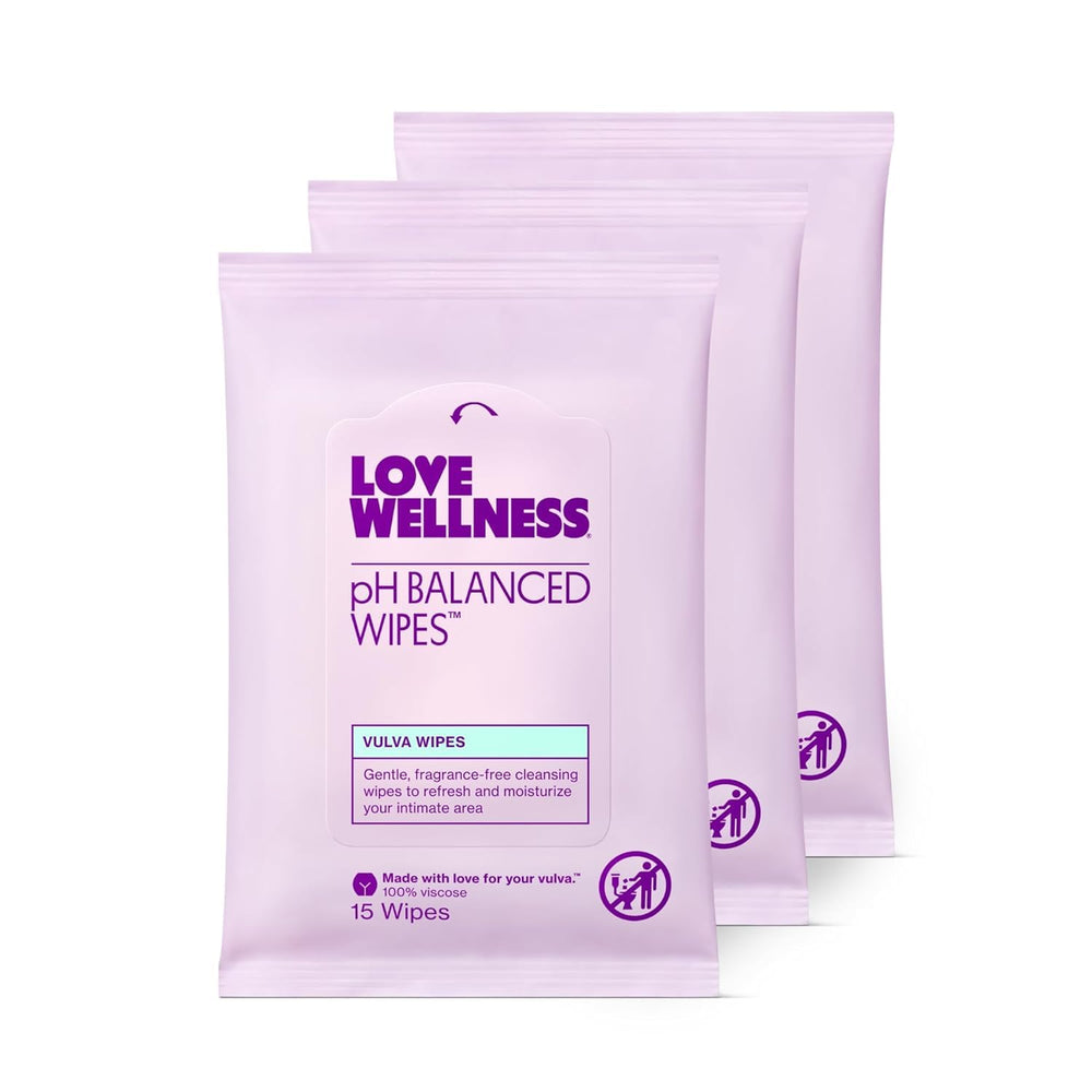 Love Wellness pH Balancing Wipes packaging shows portable option for on-the-go cleansing.