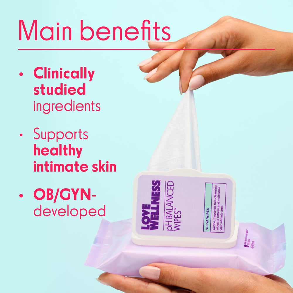 Love Wellness pH Balancing Wipes purse-size packaging ideal for travel, gym, or on-the-go cleansing.