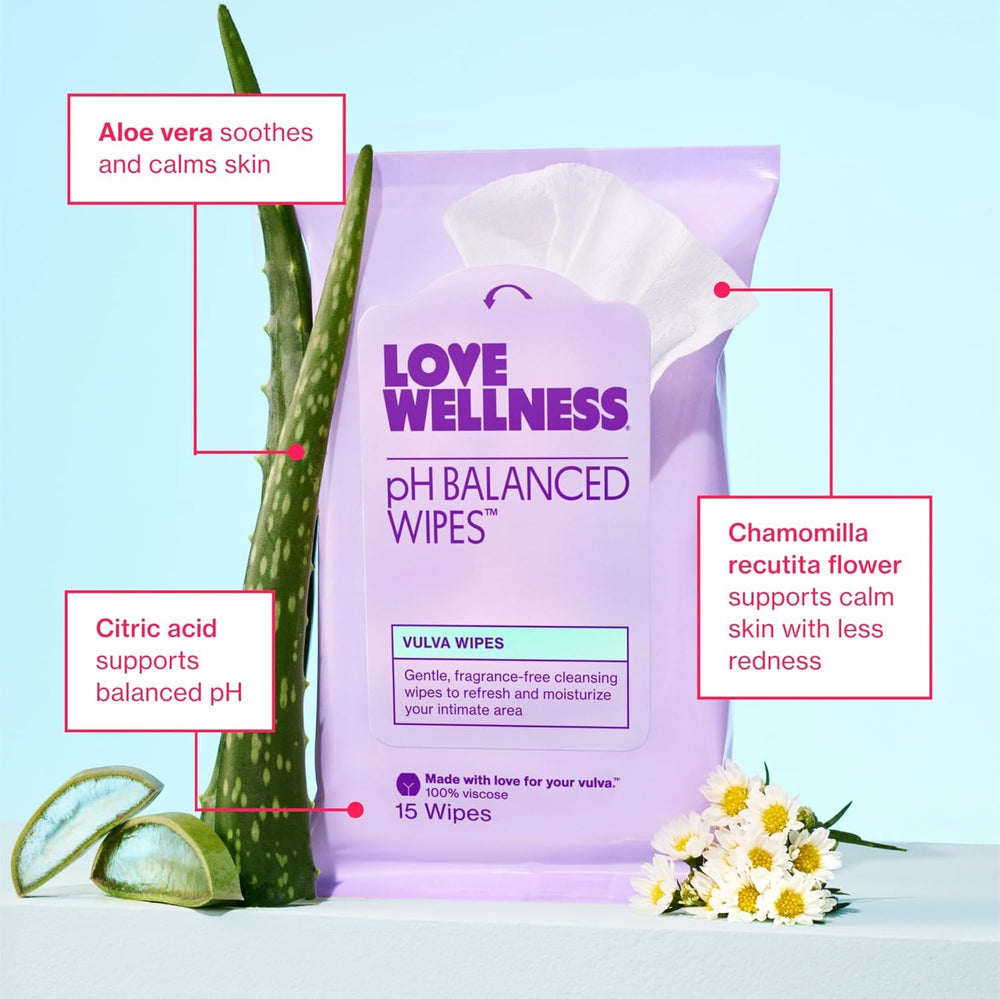 Love Wellness pH Balancing Wipes purse-size pack for gym or quick cleansing.
