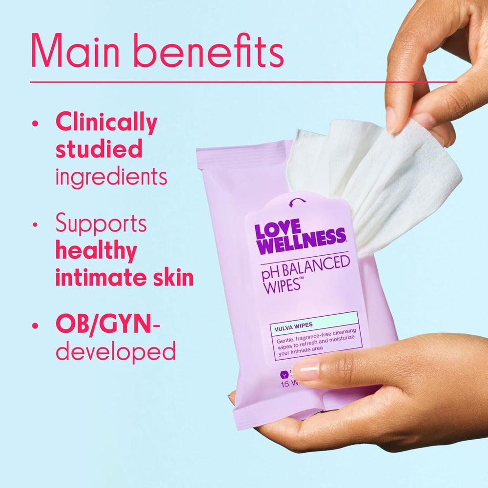 Love Wellness pH Balancing Wipes travel size scene emphasizes discreet freshness.