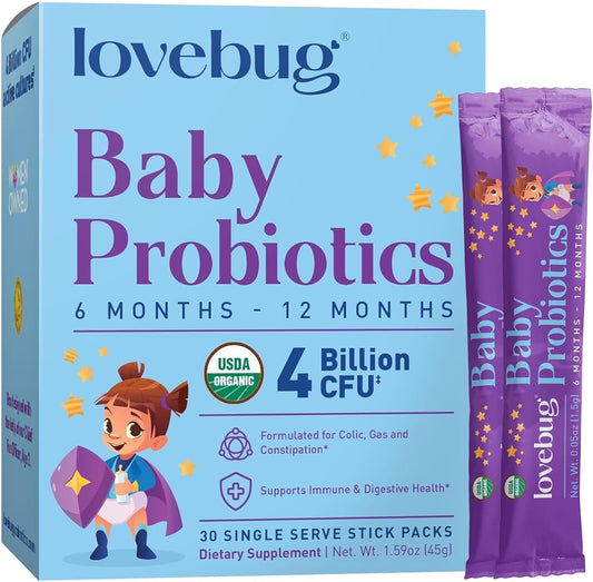 LOVEBUG Probiotics for Babies bottle and packaging (6-12 months)