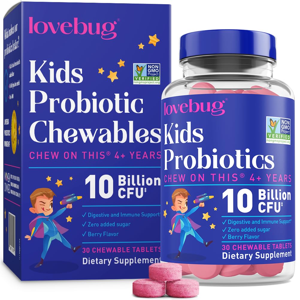 LOVEBUG Probiotics for Kids Berry flavor bottle and 30 chewables