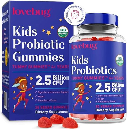 LOVEBUG Kids Probiotic Gummies bottle with 30 strawberry vegan gummies