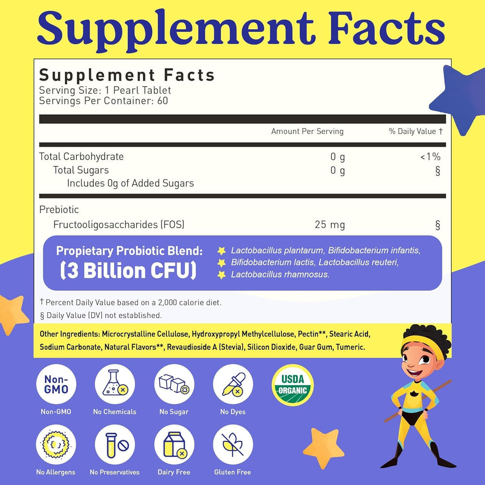 Chewable probiotics for kids aged 4+ with prebiotics