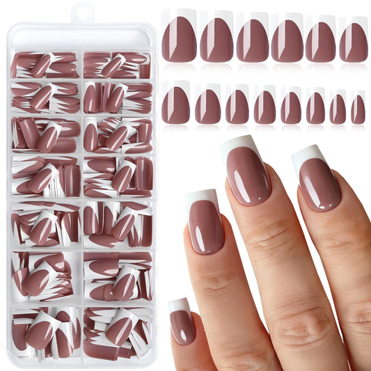 LoveOurHome 280pc press-on nails with white French tips on a coffee base for versatile style