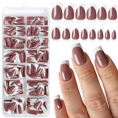 LoveOurHome 280pc press-on nails with white French tips on a coffee base for versatile style