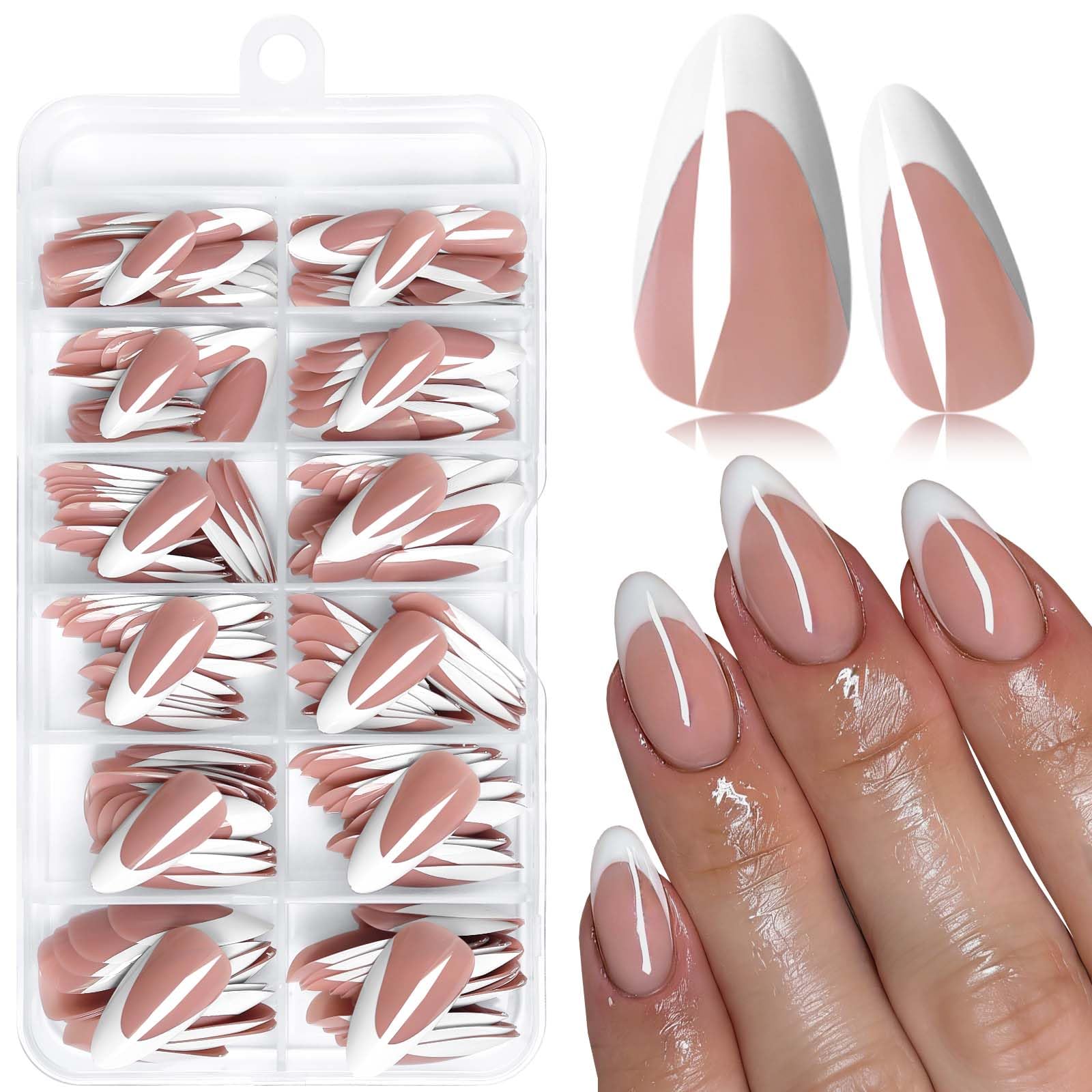 LoveOurHome almond press on nails with white tips for a chic, lasting look