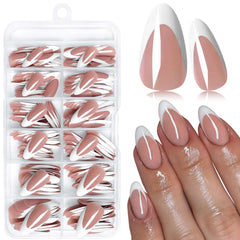 LoveOurHome almond press on nails with white tips for a chic, lasting look
