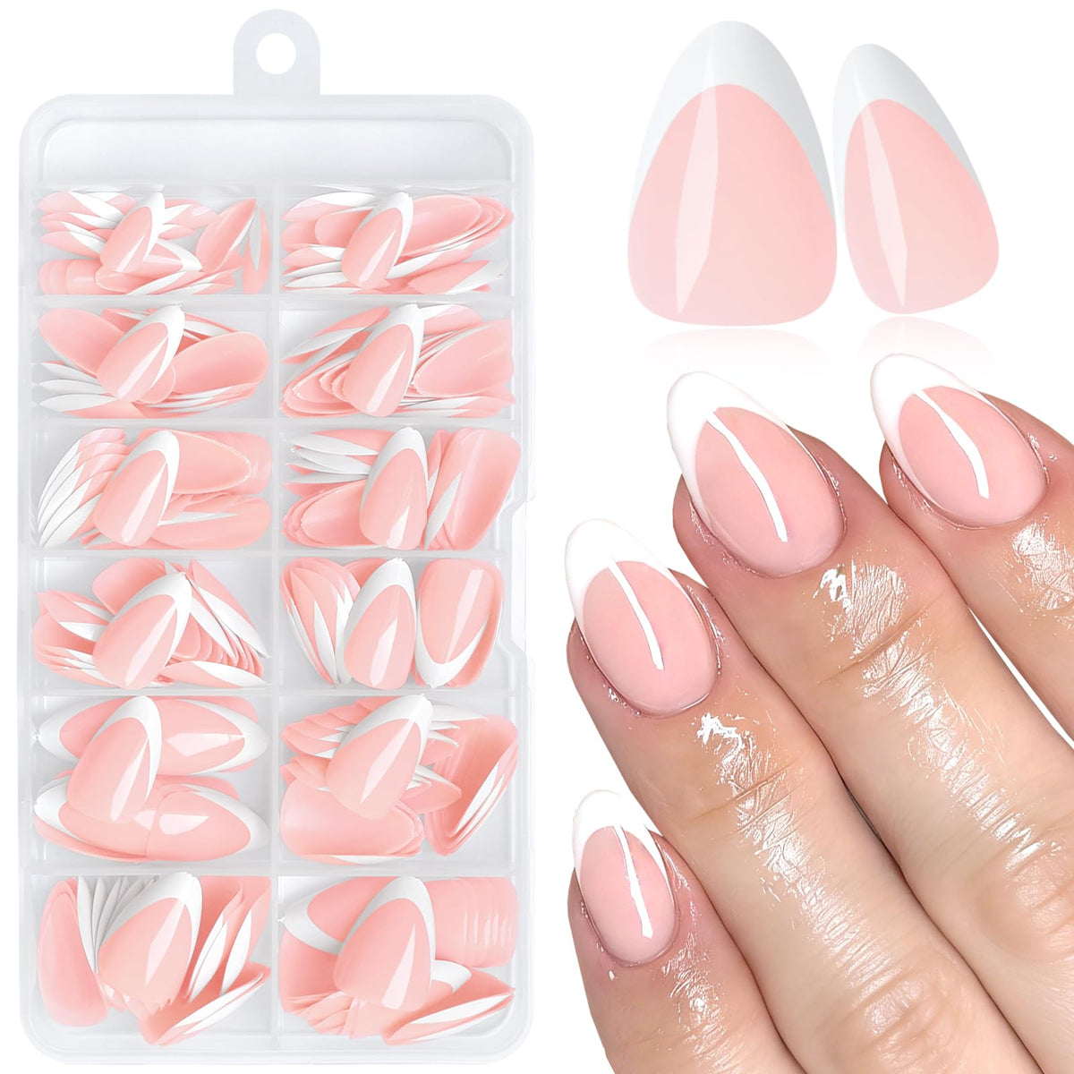 LoveOurHome almond press-on nails with white French tip for elegant daily wear