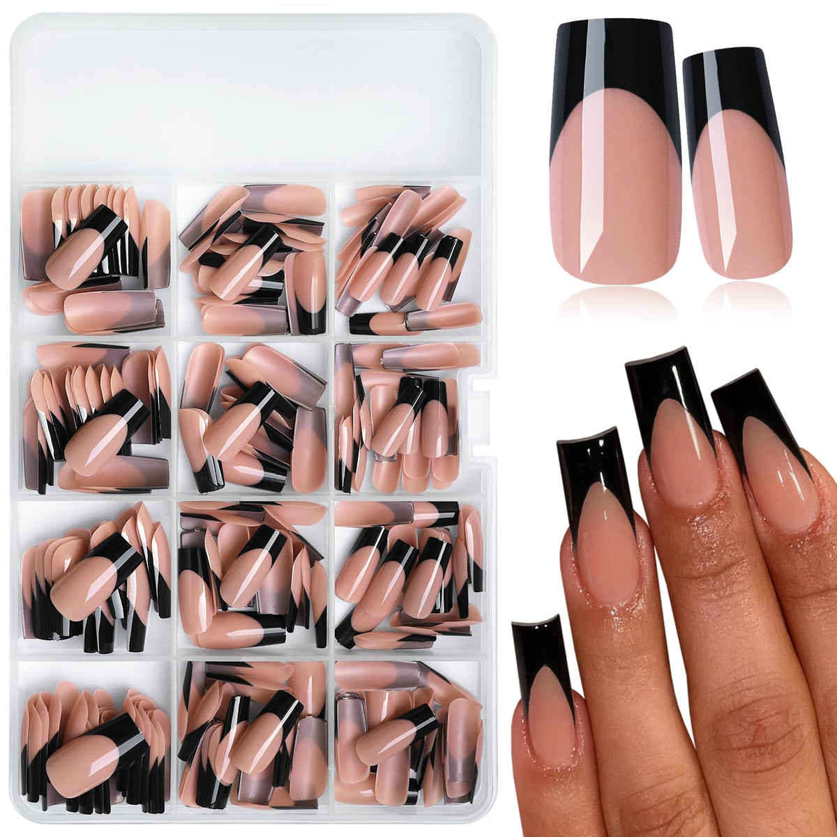 LoveOurHome black French tip nails in square medium offer quick, chic manicures.