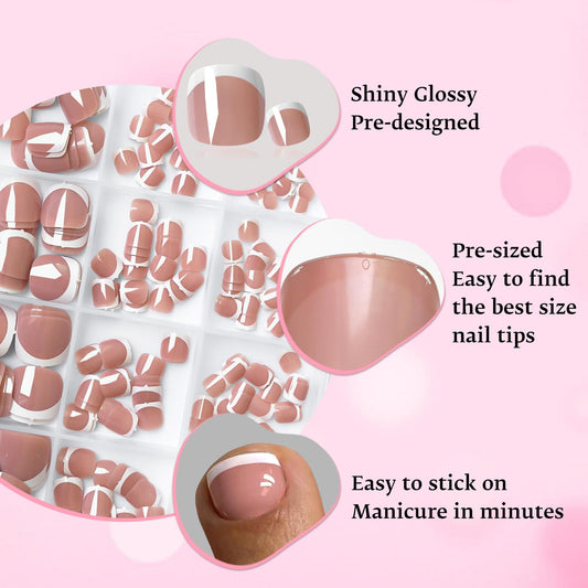 Close-up of LoveOurHome brown-base nails with white tips, ready for quick wear.
