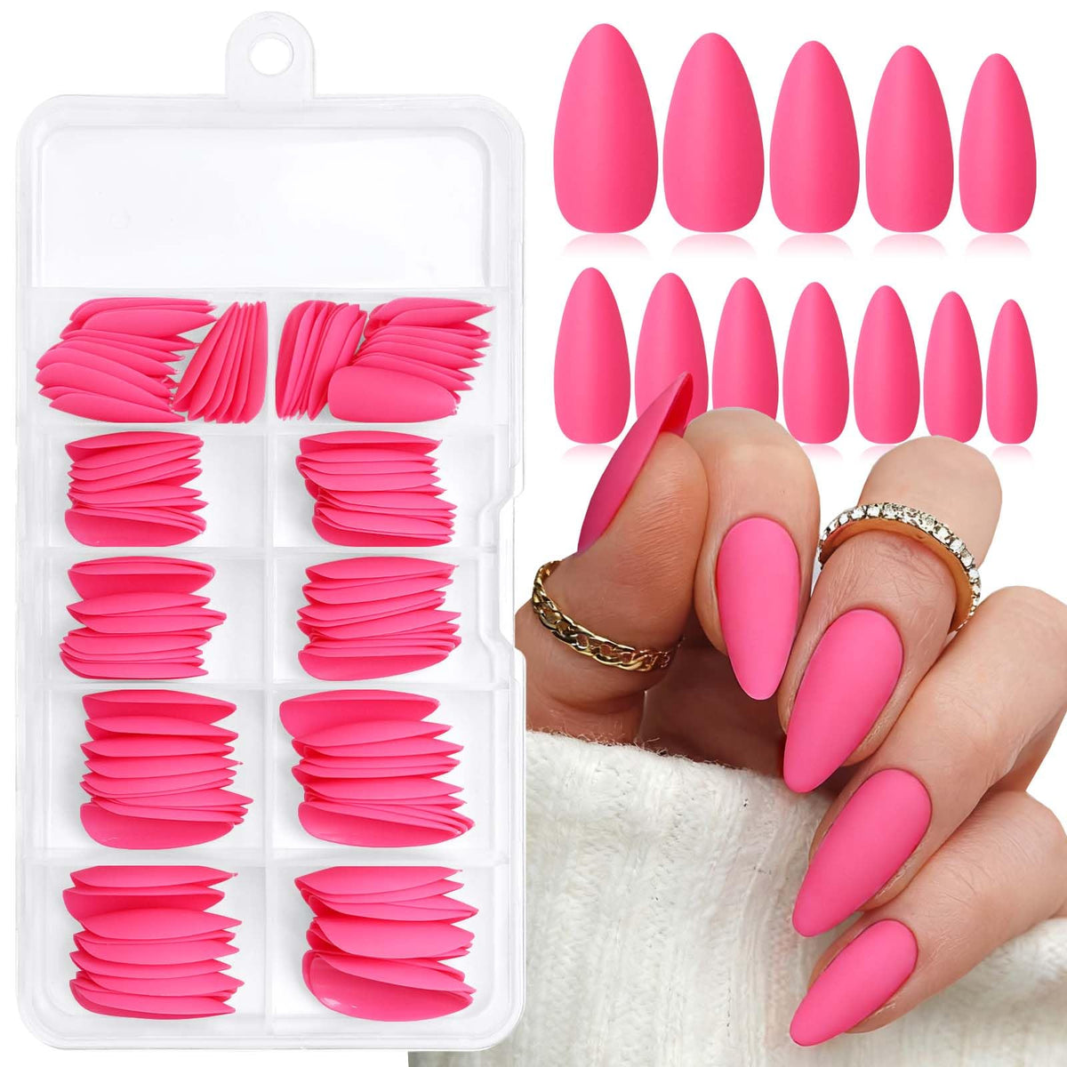 LoveOurHome hot pink press‑on nails in medium almond shape for quick at‑home manicure.