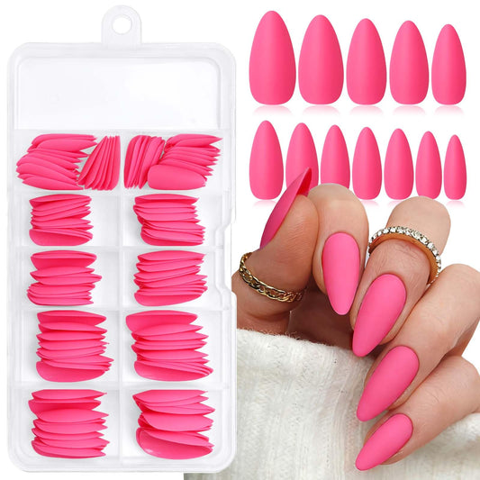LoveOurHome hot pink press‑on nails in medium almond shape for quick at‑home manicure.