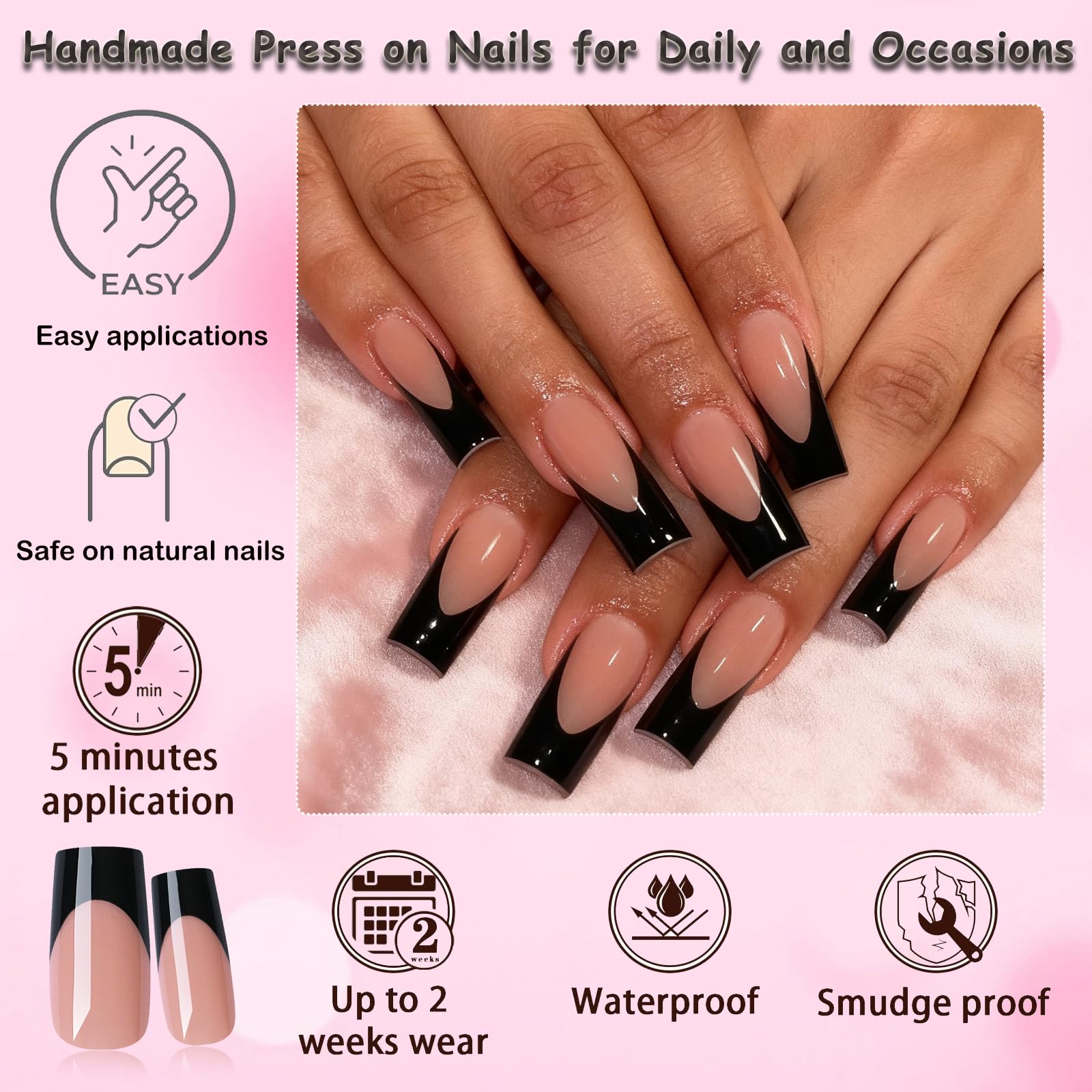 LoveOurHome nude base with black tip press-ons for a modern look.