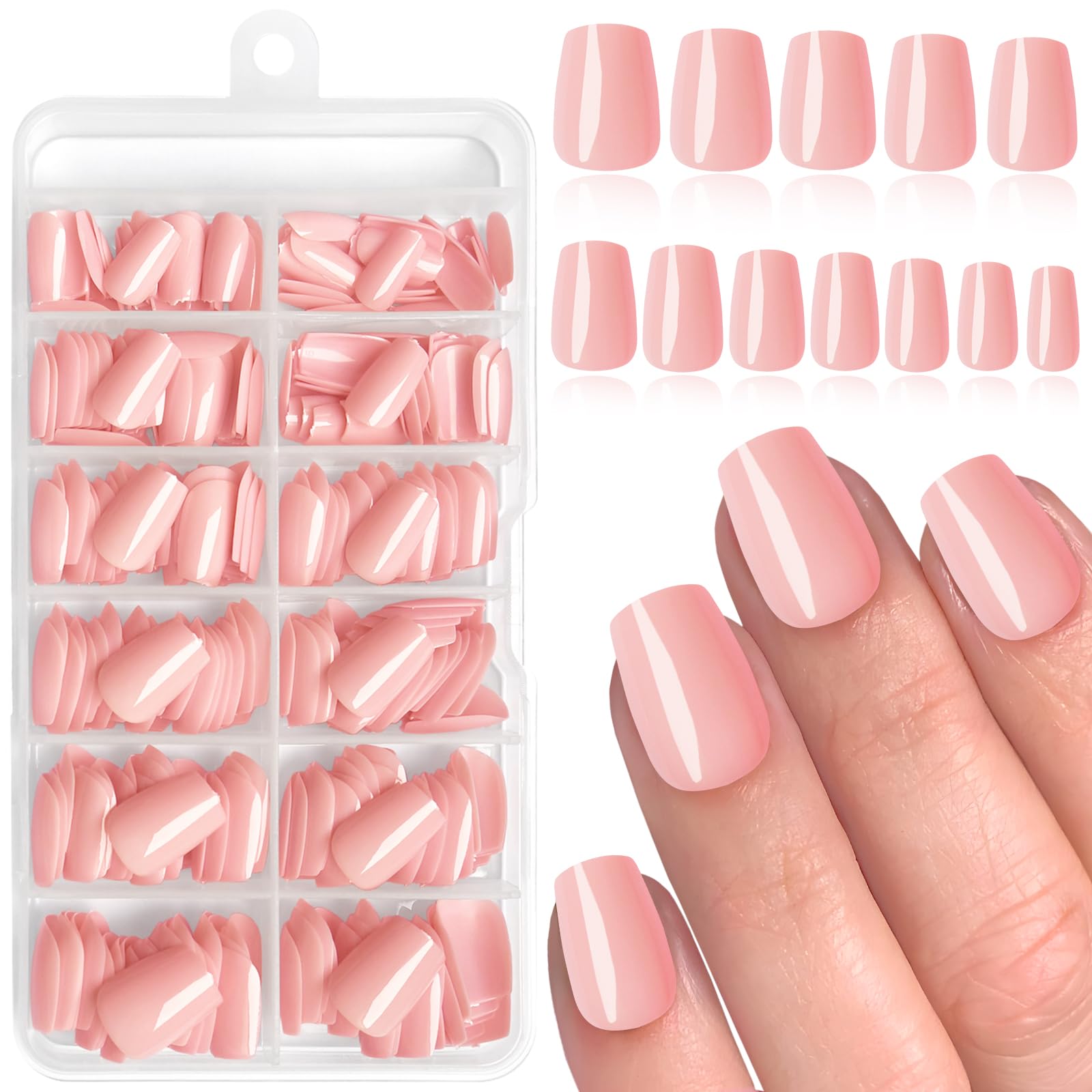 LoveOurHome nude coffin press-on nails kit – front view for quick at-home manicures.