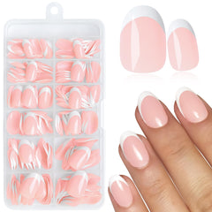 LoveOurHome oval press-on nails with white French tip for a chic, effortless look