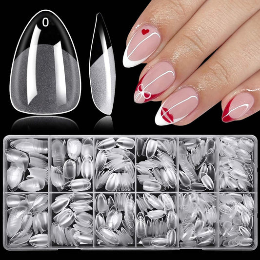 LoveOurHome short almond nail tips in clear pack for durable at-home gel extensions.