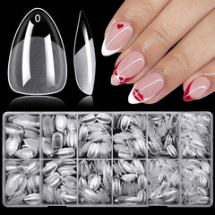 LoveOurHome short almond nail tips in clear pack for durable at-home gel extensions.