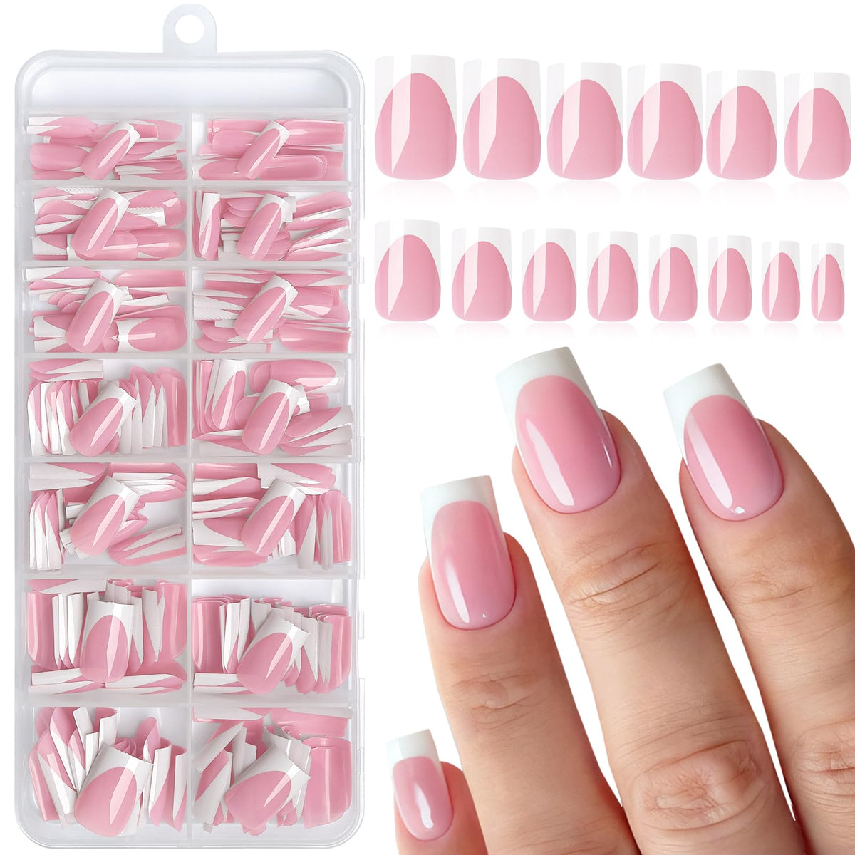 LoveOurHome white French tip press-on nails with medium square shape for elegant everyday wear.