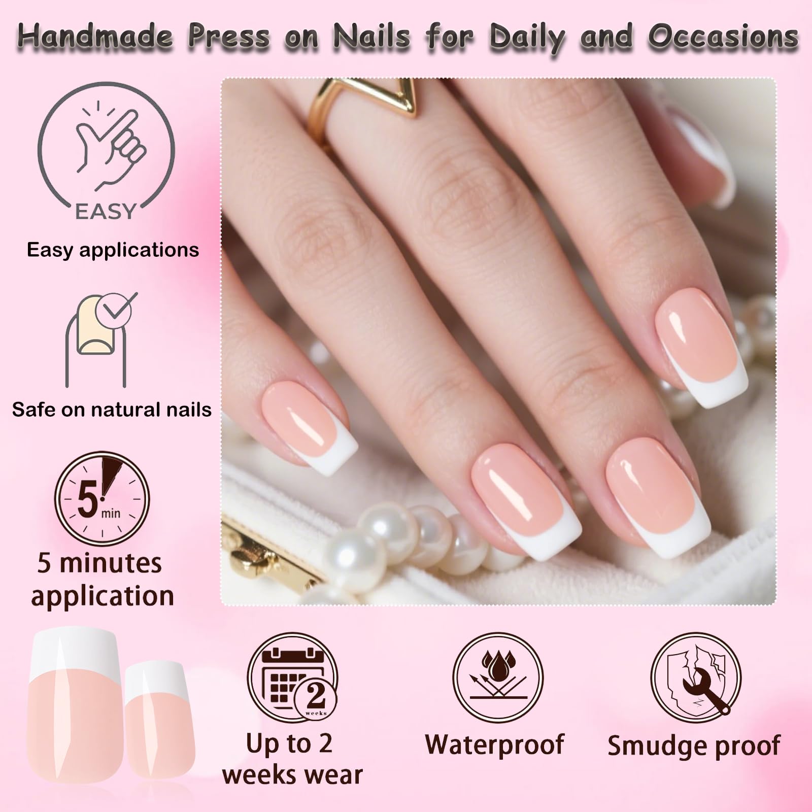LoveOurHome white French-tip square press-on nails for elegant daily wear.