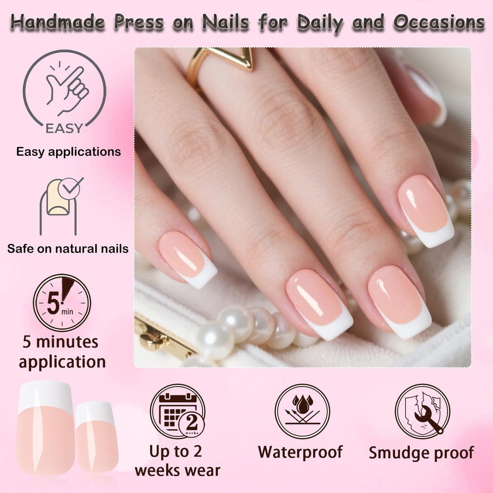 LoveOurHome white French-tip square press-on nails for elegant daily wear.