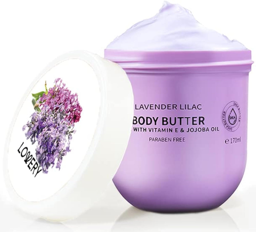 Lovery Lavender Lilac Body Butter jar showing rich texture and soothing scent