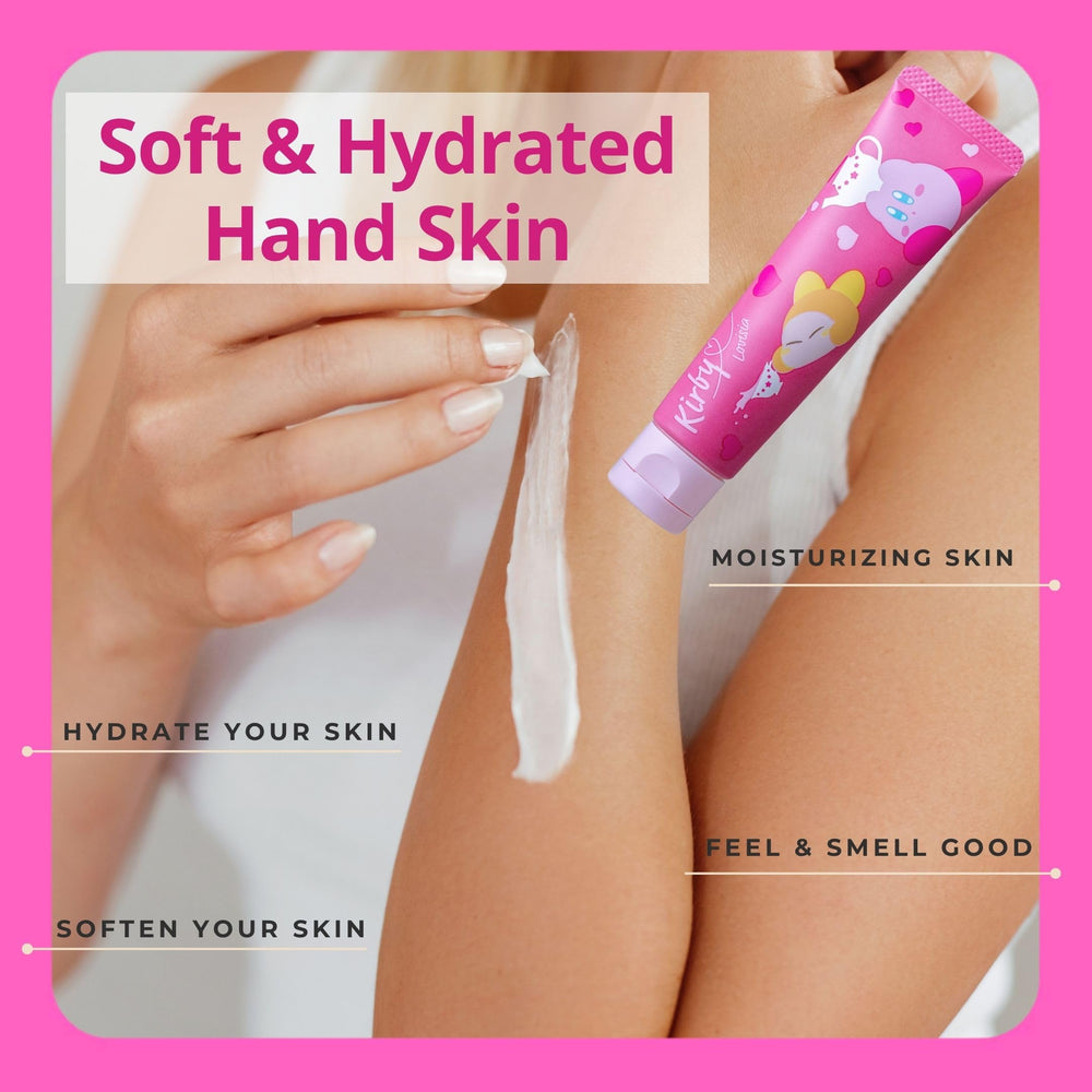 Lovisia Kirby hand cream label close-up with pink packaging