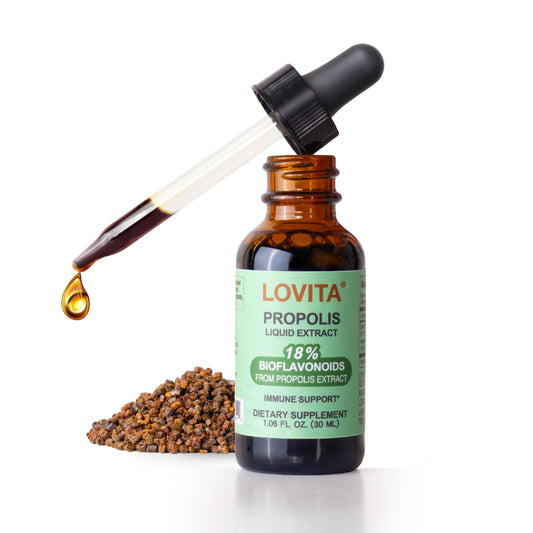 Front view of LOVITA Bee Propolis Liquid Extract 500mg 5:1 bottle.