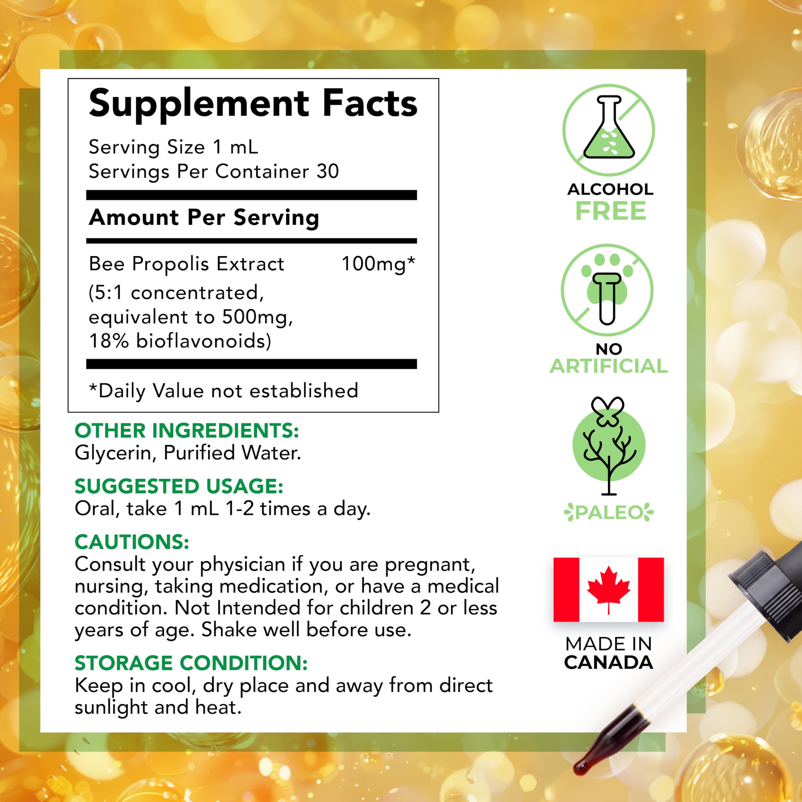 Side view of LOVITA Propolis liquid extract bottle on packaging.