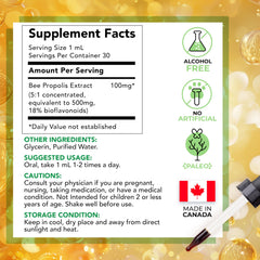 Side view of LOVITA Propolis liquid extract bottle on packaging.