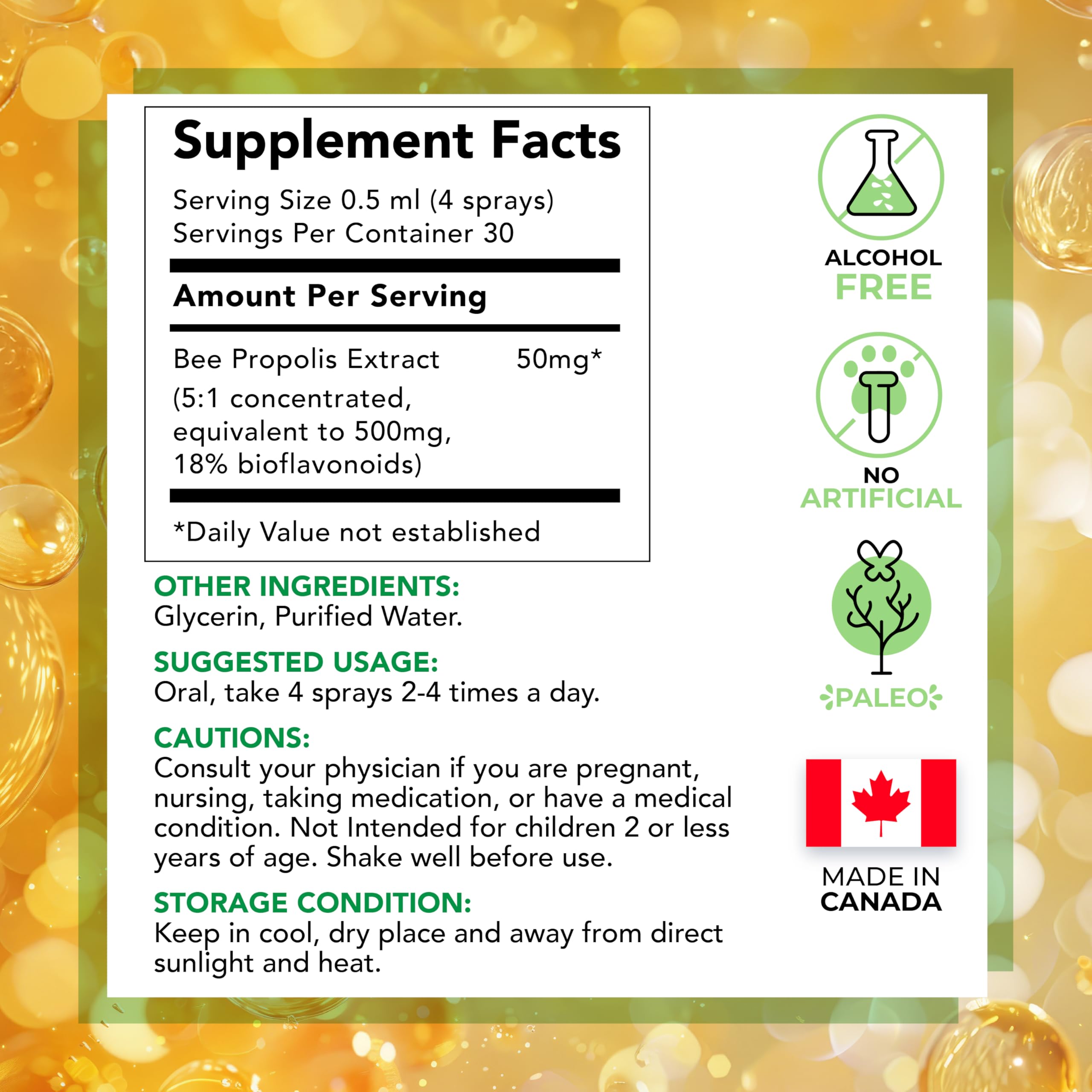 Label highlighting propolis ingredients and 18% bioflavonoids