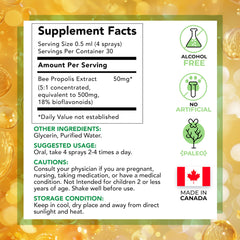 Label highlighting propolis ingredients and 18% bioflavonoids