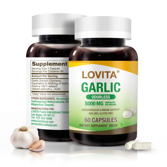 Close-up of odorless garlic capsules in a bottle
