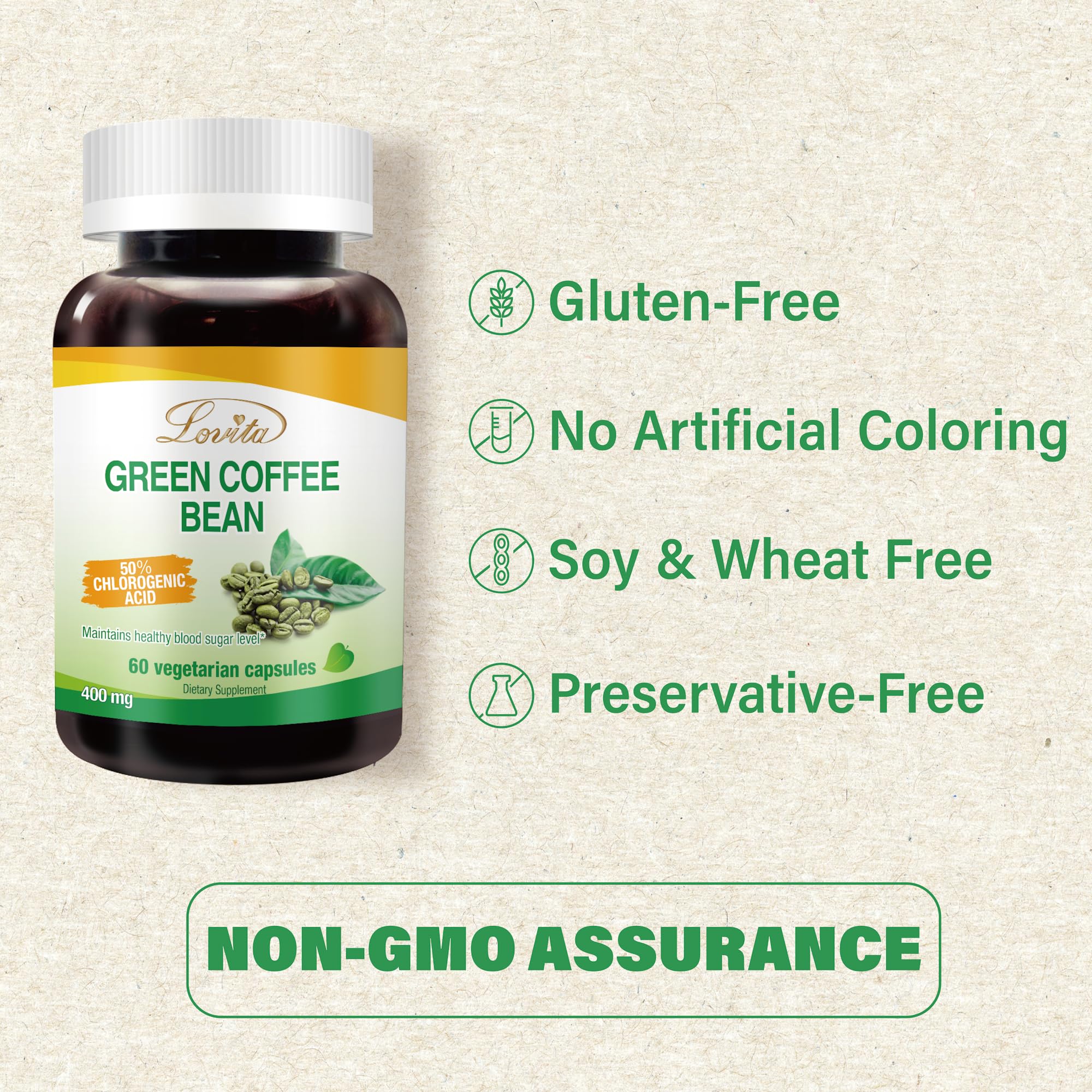 Supplement facts panel for Lovita Green Coffee Bean Extract