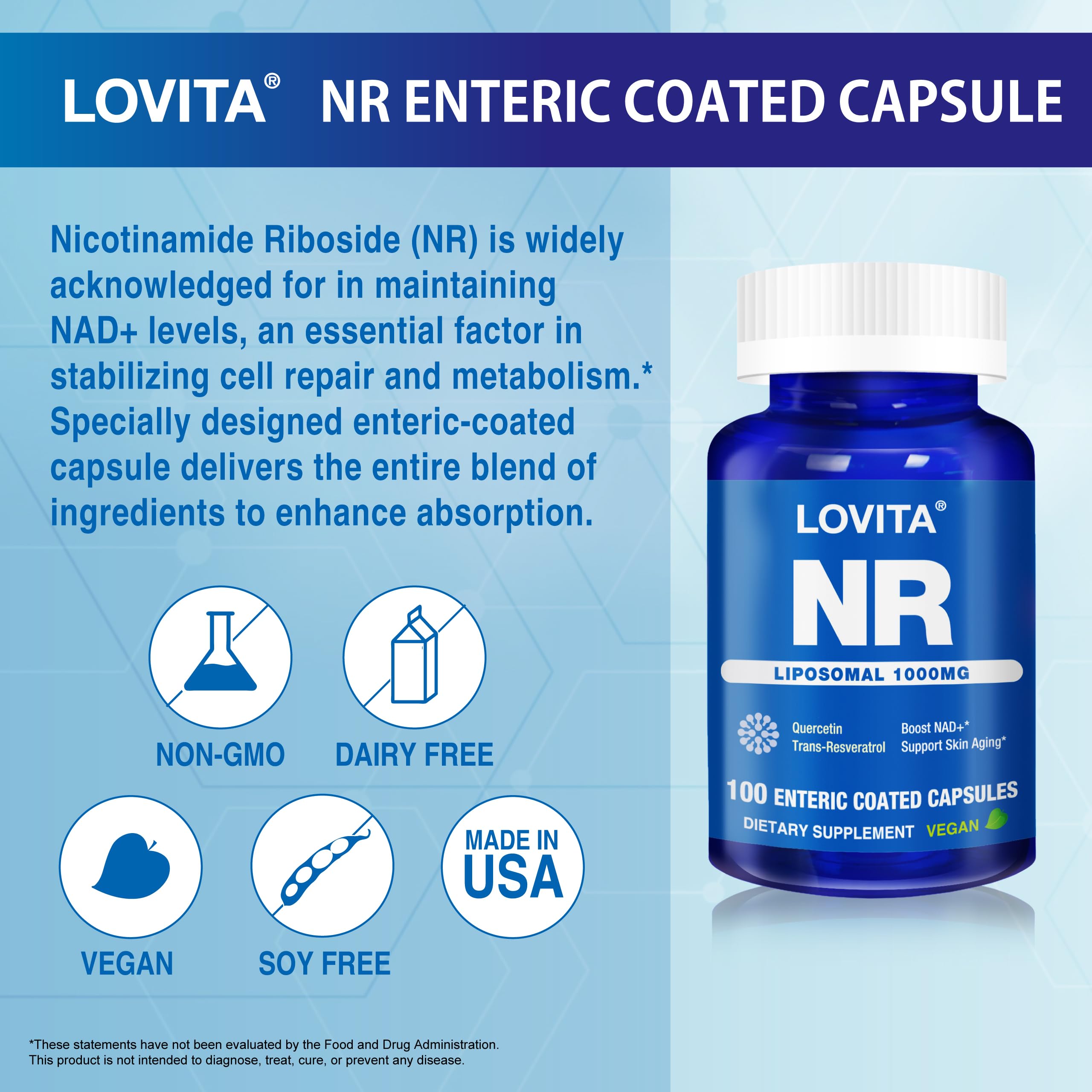 Lifestyle image highlighting healthy aging next to Lovita Liposomal NR bottle