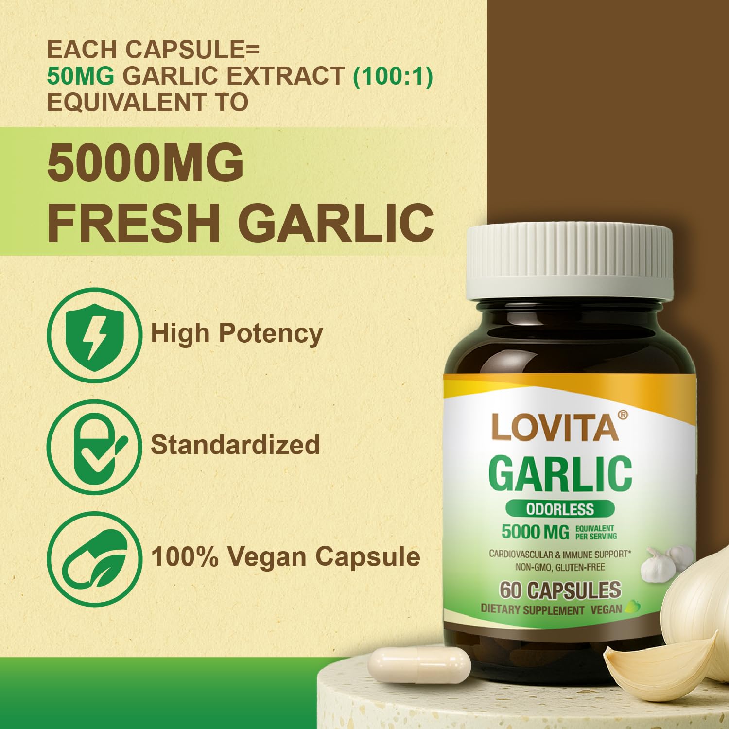 Close-up of LOVITA odorless garlic extract capsules
