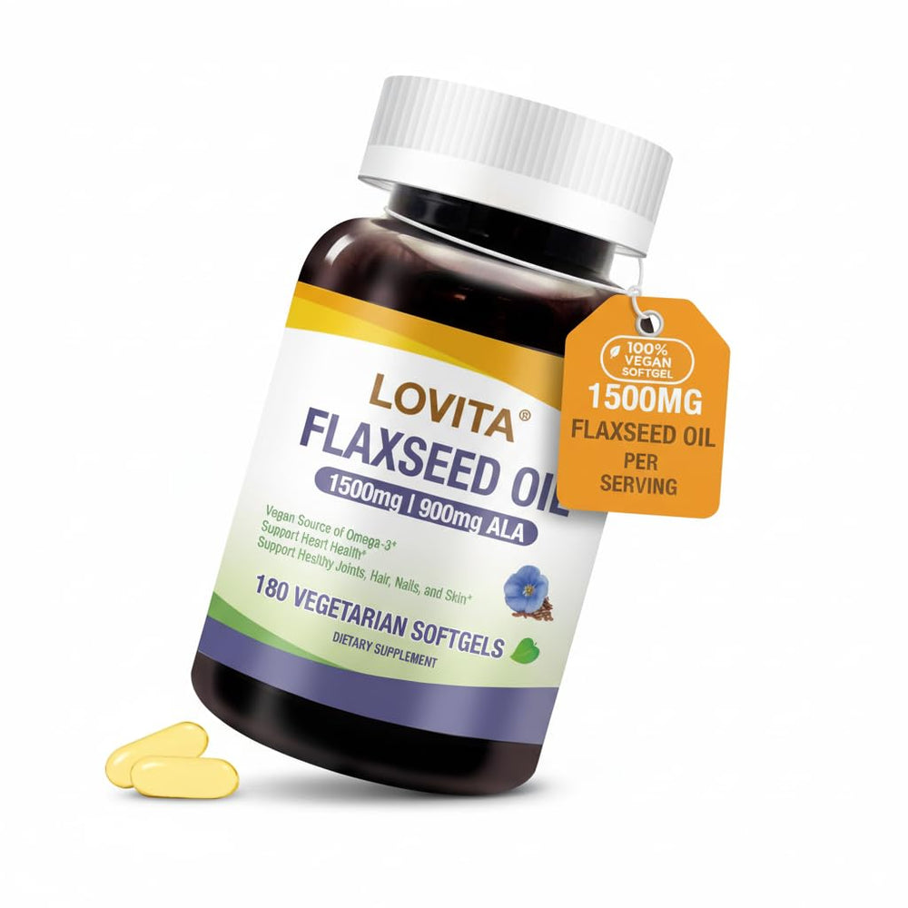 LOVITA Vegan Flaxseed Oil bottle label showing 1500 mg oil and 900 mg ALA Omega-3