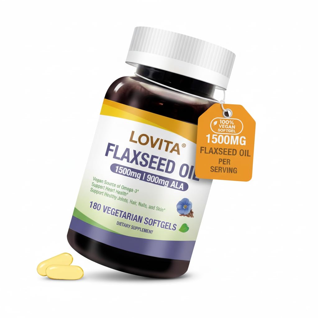 LOVITA Vegan Flaxseed Oil bottle label showing 1500 mg oil and 900 mg ALA Omega-3