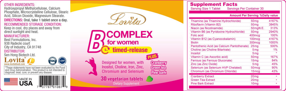 Key ingredients of Lovita B Complex: iron, cranberry, pine bark, green tea