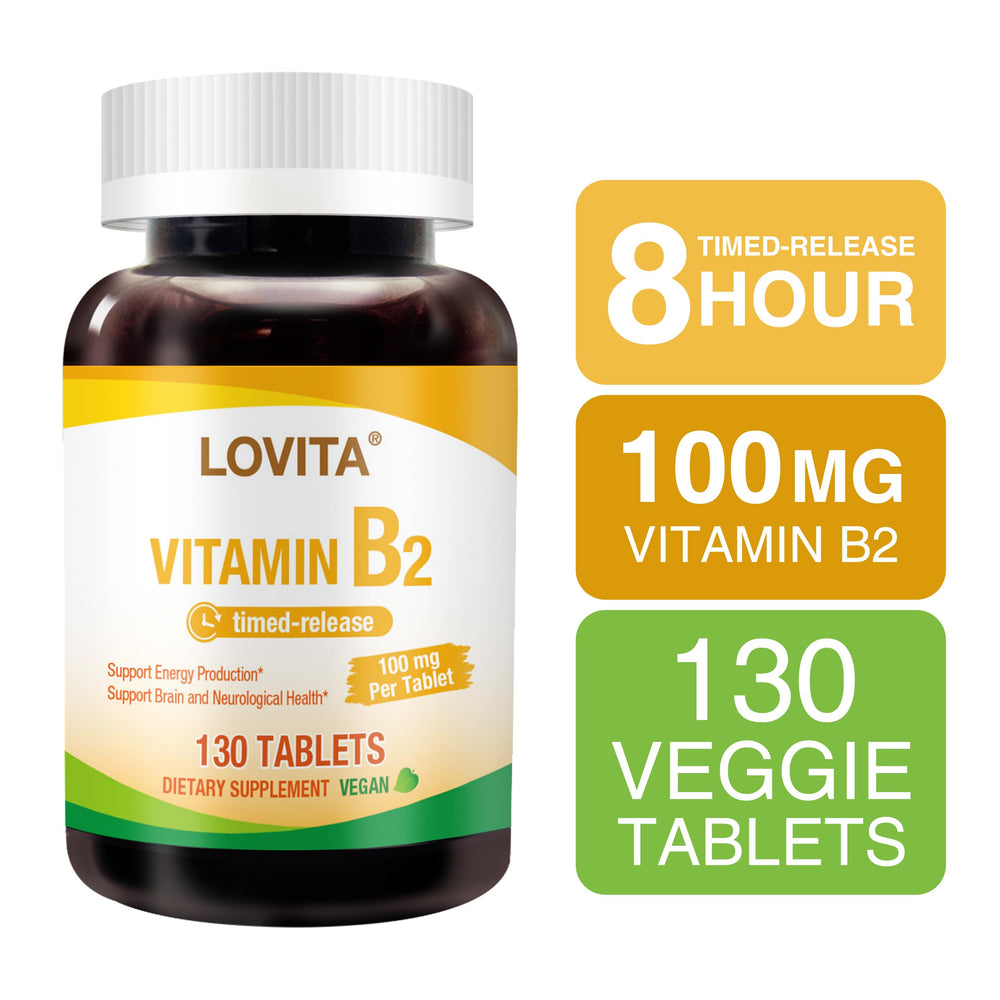 Graphic showing vegan and GMO-free Lovita Vitamin B2 supplement