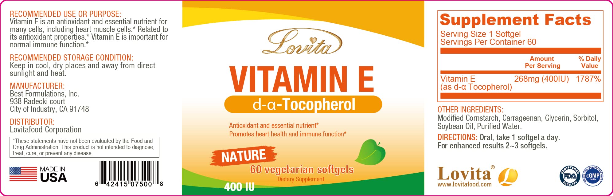 Made in USA quality manufacturing for LOVITA Vitamin E